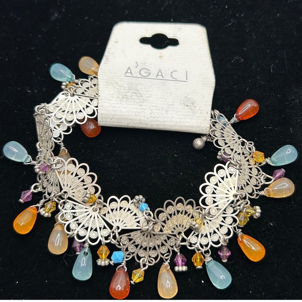 AGACI Filigree Charm Bracelet Silver Tone Multicolor Boho Beaded Gypsy Fringe 7"